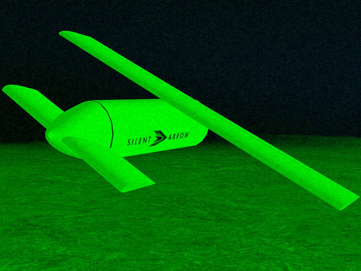 Yates Electrospace Corporation’s “Silent Arrow” glider drones resembles a sleek missile with extendable wings.