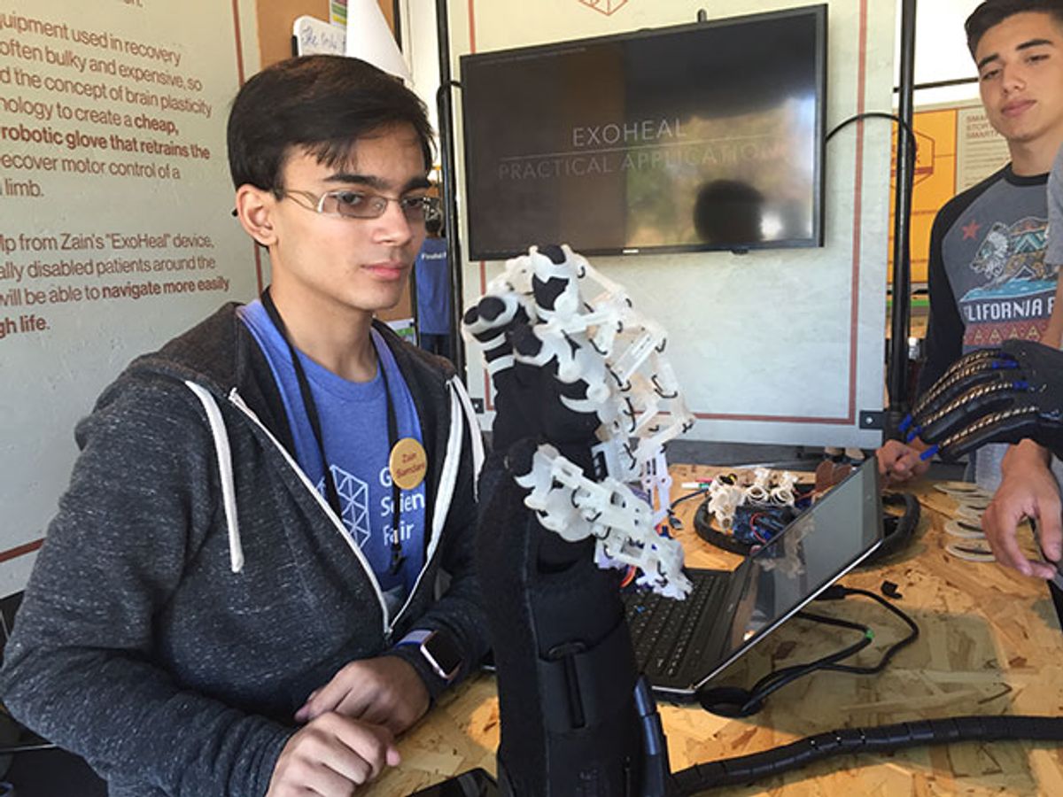 Zain Samdani, a teen from Saudi Arabia, built a robotic hand exoskeleton to help stroke patients relearn fine motor skills