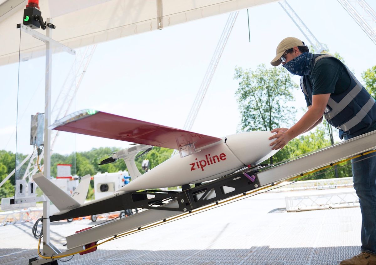 Zipline delivery drone preparing for take-off